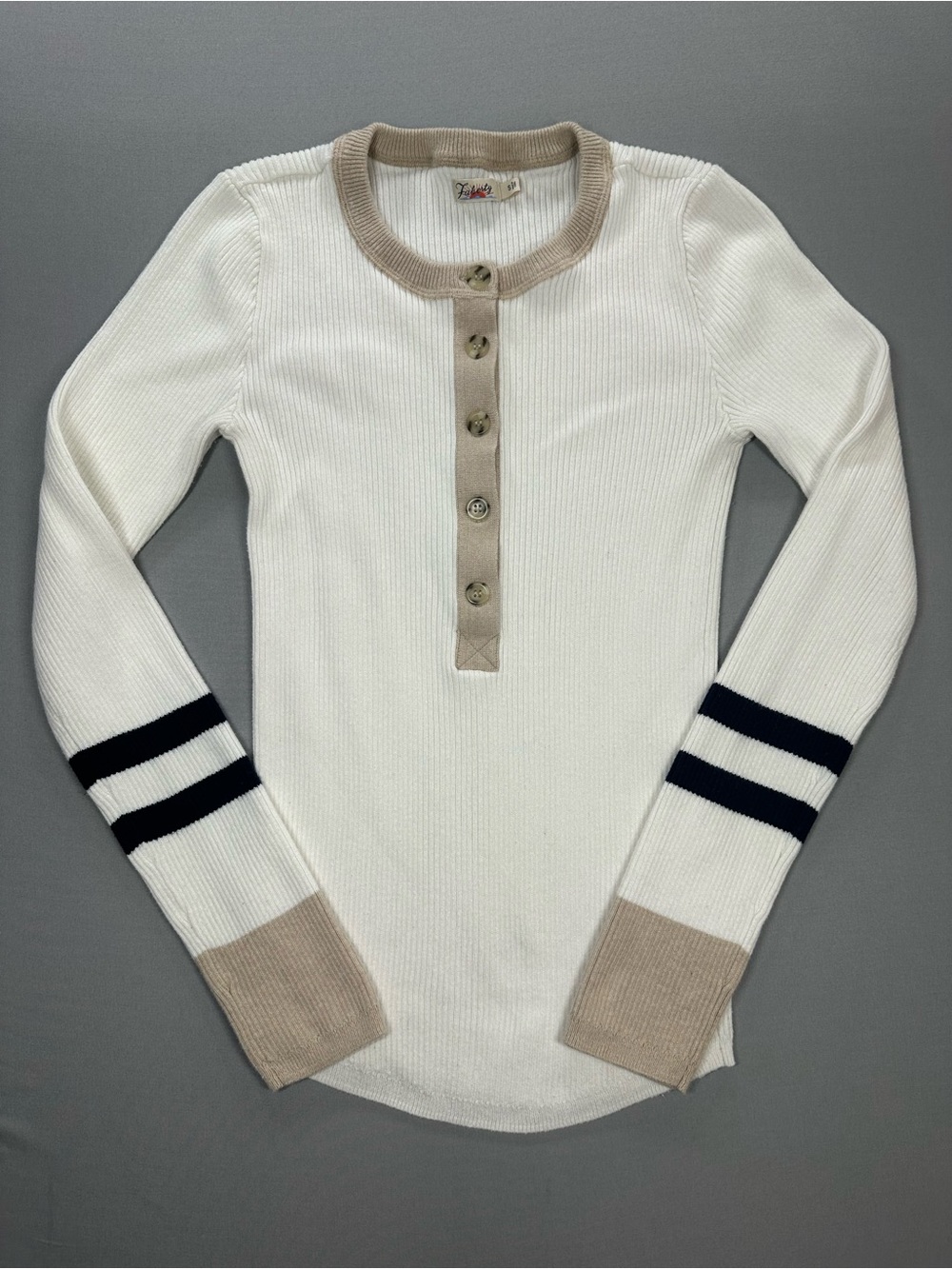 Faherty Mikki Henley Ribbed Sweater w/ Neutral Colorblocking - Fits XS (Label S) - Picture 2 of 15